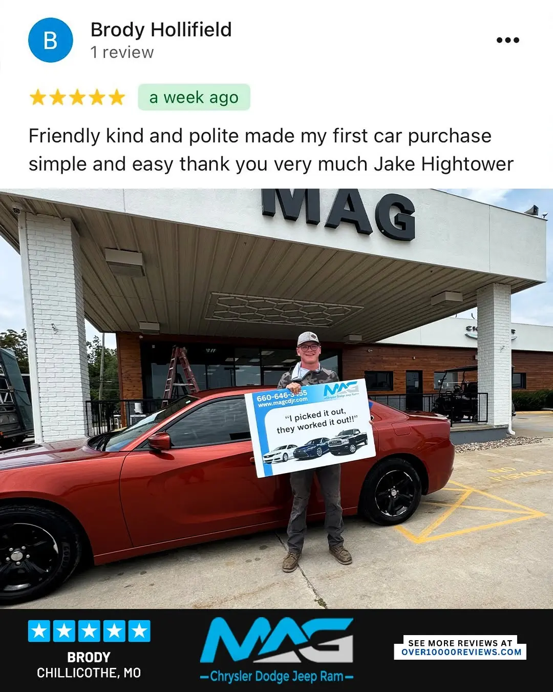 Smiling MAG CDJR customer featured in a testimonial about excellent car buying experience