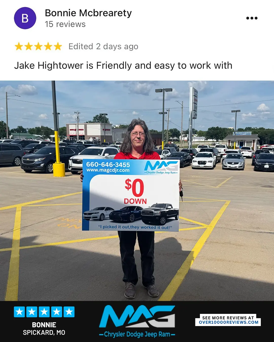 Smiling MAG CDJR customer featured in a testimonial about excellent car buying experience