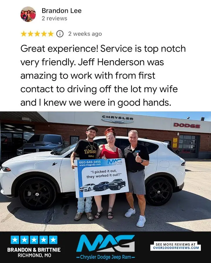 Smiling MAG CDJR customer featured in a testimonial about excellent car buying experience