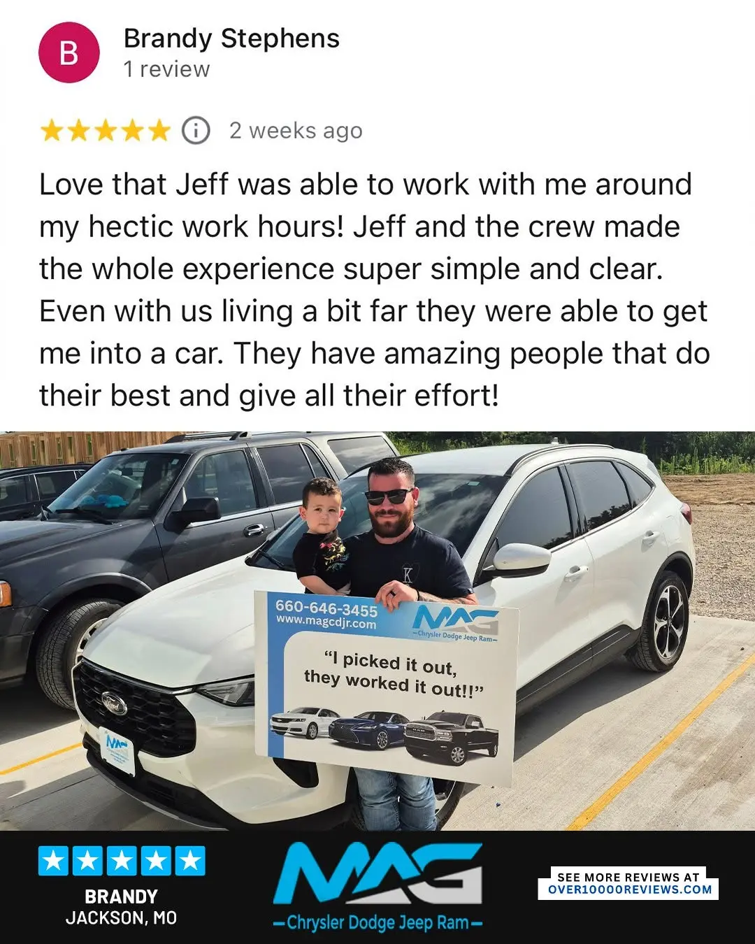 Smiling MAG CDJR customer featured in a testimonial about excellent car buying experience