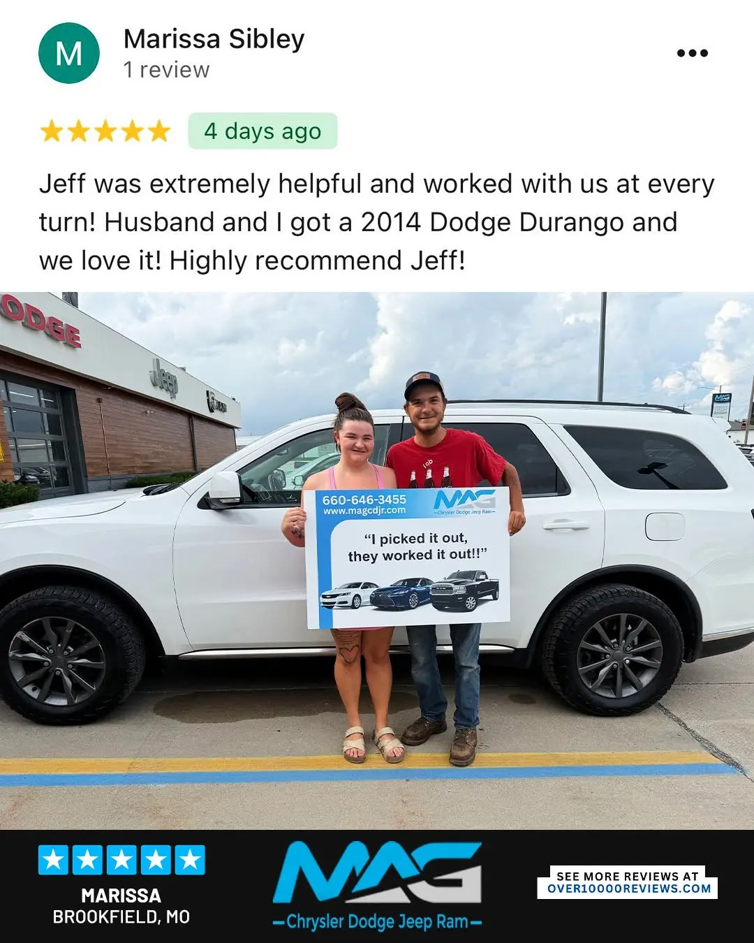 Smiling MAG CDJR customer featured in a testimonial about excellent car buying experience