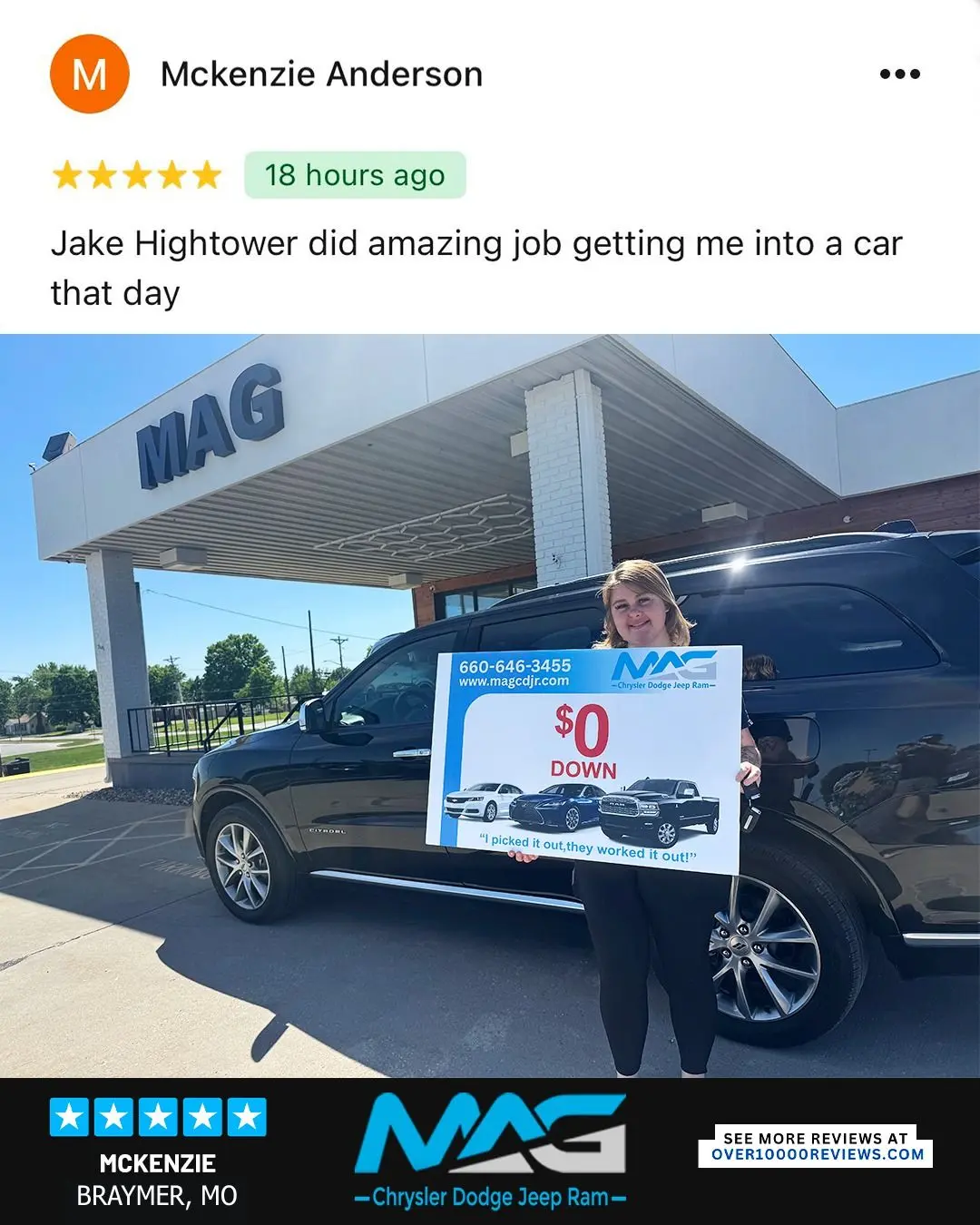 Smiling MAG CDJR customer featured in a testimonial about excellent car buying experience