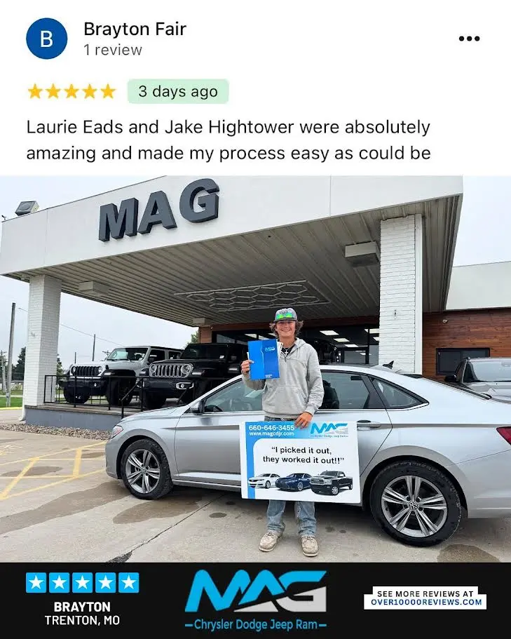 Smiling MAG CDJR customer featured in a testimonial about excellent car buying experience