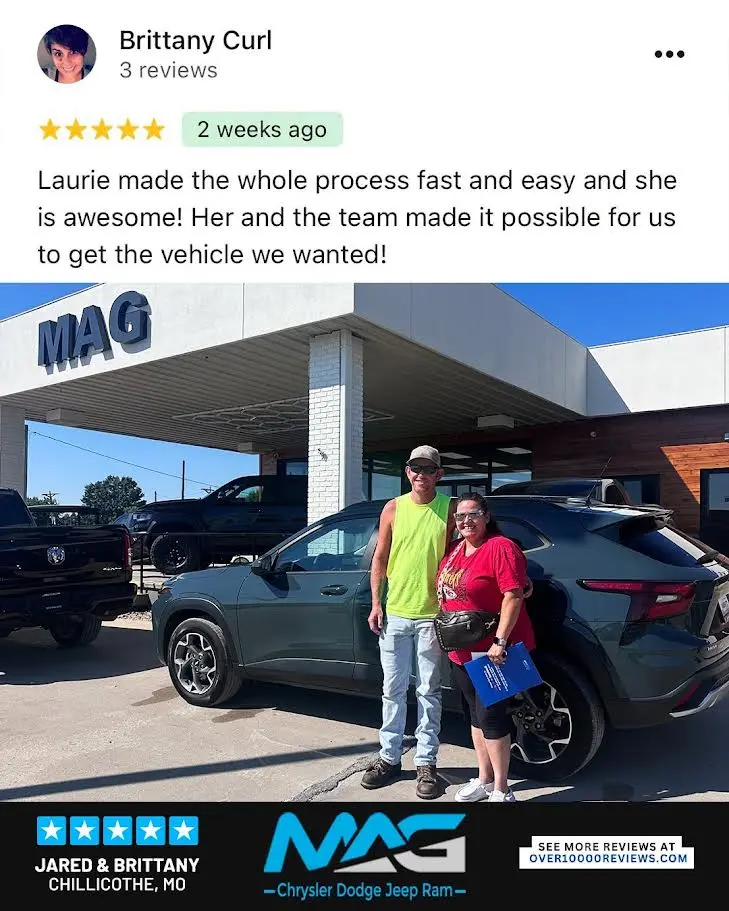 Smiling MAG CDJR customer featured in a testimonial about excellent car buying experience