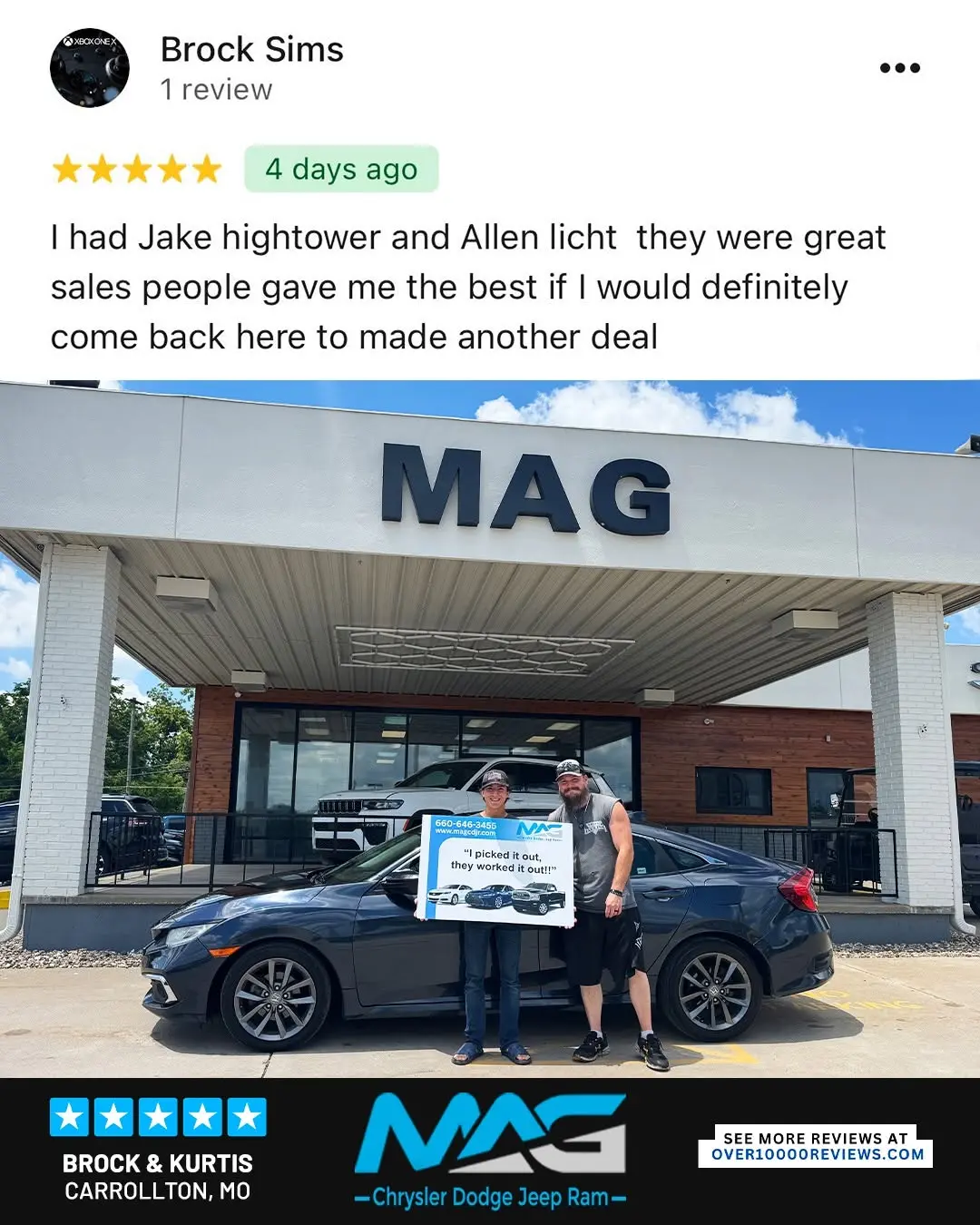 Smiling MAG CDJR customer featured in a testimonial about excellent car buying experience