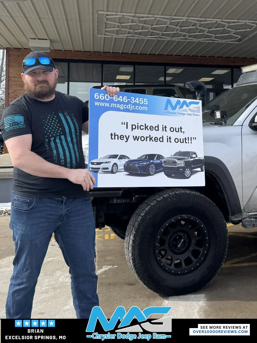 Smiling MAG CDJR customer featured in a testimonial about excellent car buying experience