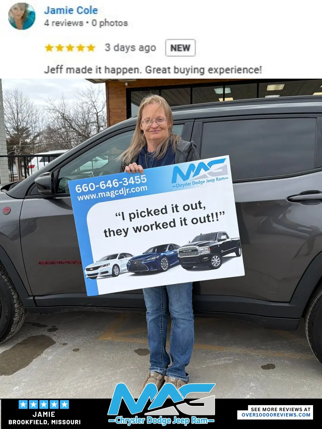 Smiling MAG CDJR customer featured in a testimonial about excellent car buying experience
