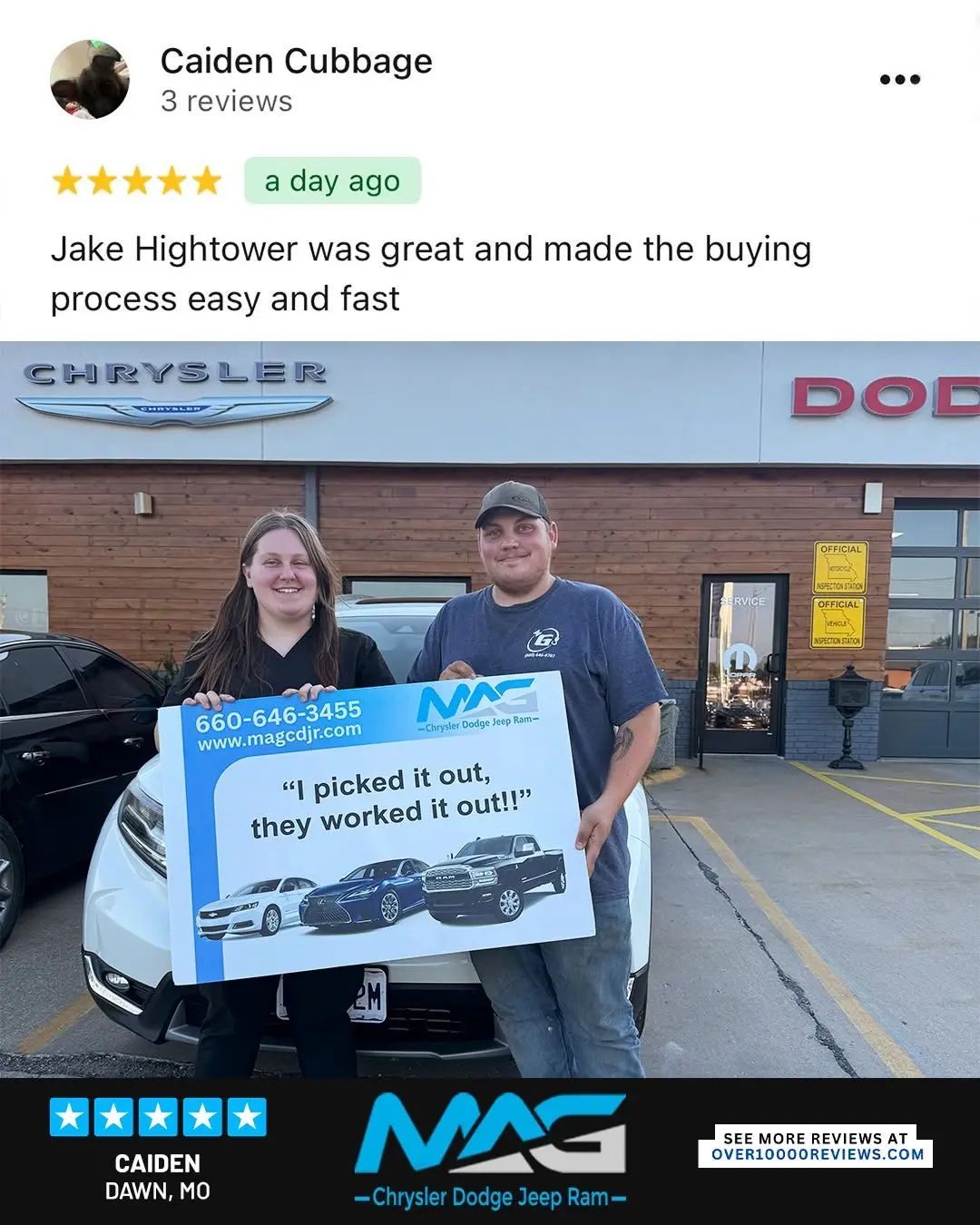 Smiling MAG CDJR customer featured in a testimonial about excellent car buying experience