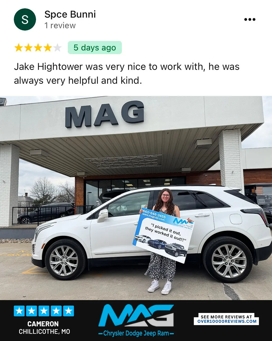 Smiling MAG CDJR customer featured in a testimonial about excellent car buying experience