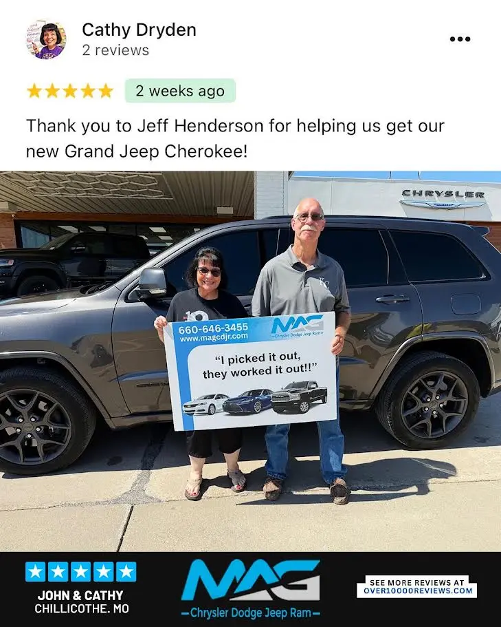 Smiling MAG CDJR customer featured in a testimonial about excellent car buying experience