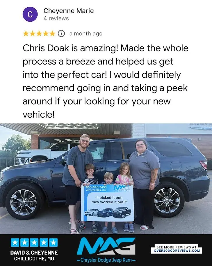 Smiling MAG CDJR customer featured in a testimonial about excellent car buying experience
