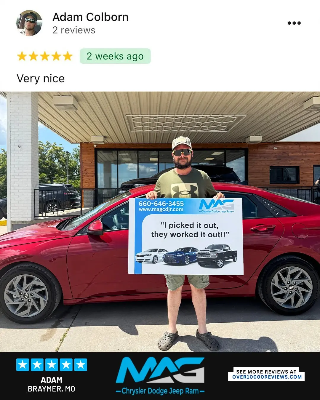Smiling MAG CDJR customer featured in a testimonial about excellent car buying experience