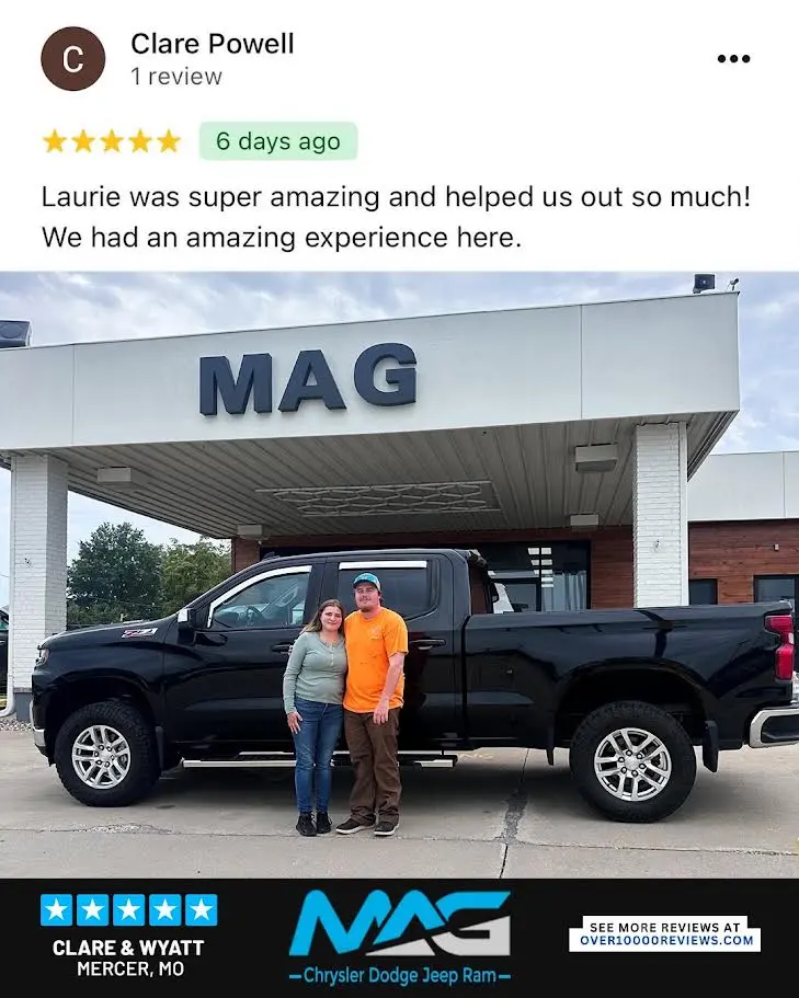 Smiling MAG CDJR customer featured in a testimonial about excellent car buying experience