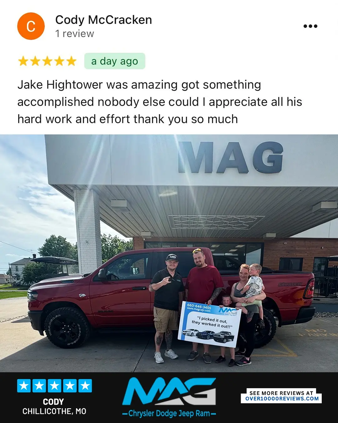 Smiling MAG CDJR customer featured in a testimonial about excellent car buying experience