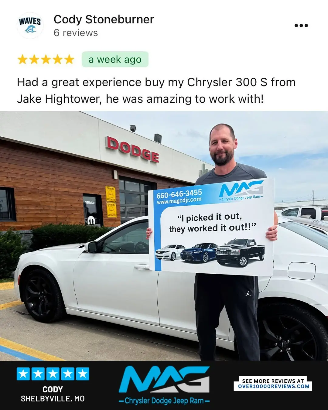 Smiling MAG CDJR customer featured in a testimonial about excellent car buying experience