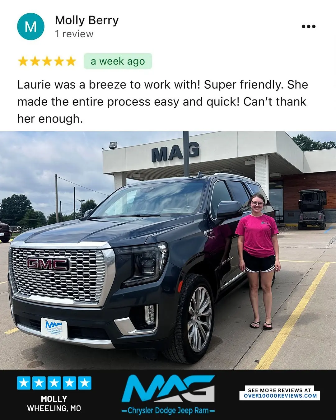 Smiling MAG CDJR customer featured in a testimonial about excellent car buying experience