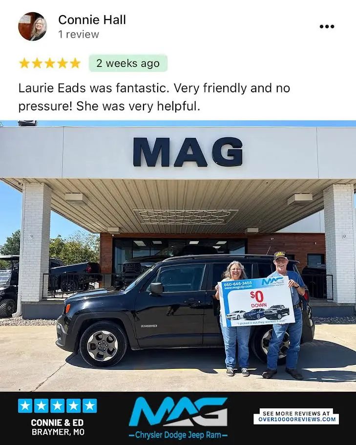 Smiling MAG CDJR customer featured in a testimonial about excellent car buying experience