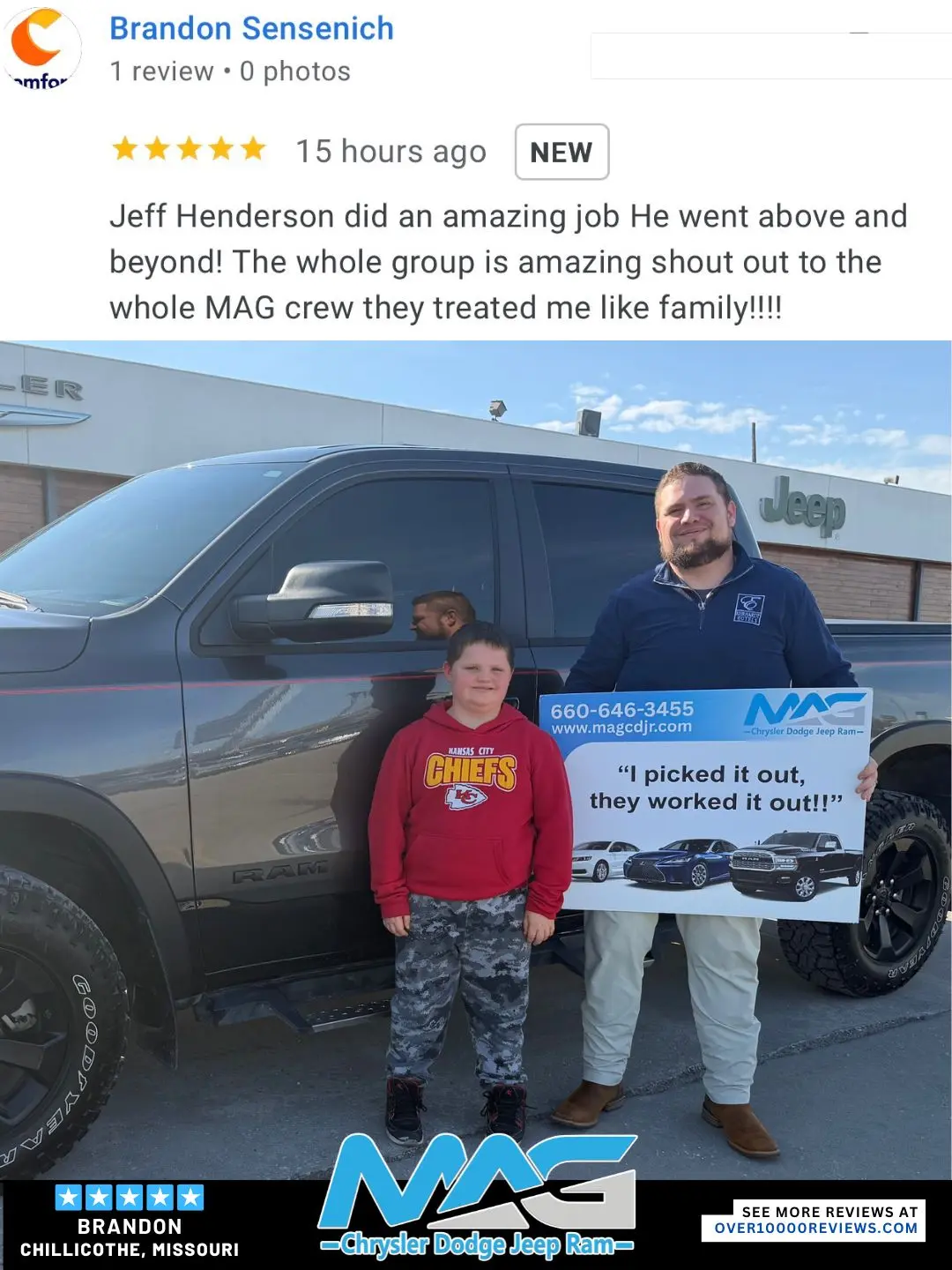 Smiling MAG CDJR customer featured in a testimonial about excellent car buying experience