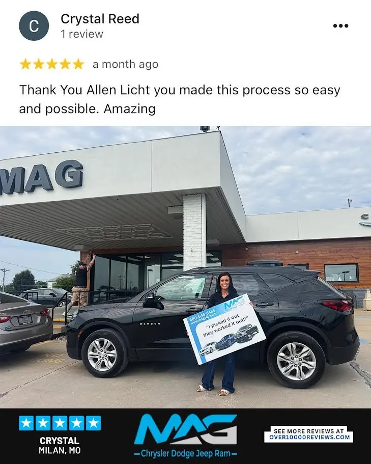 Smiling MAG CDJR customer featured in a testimonial about excellent car buying experience