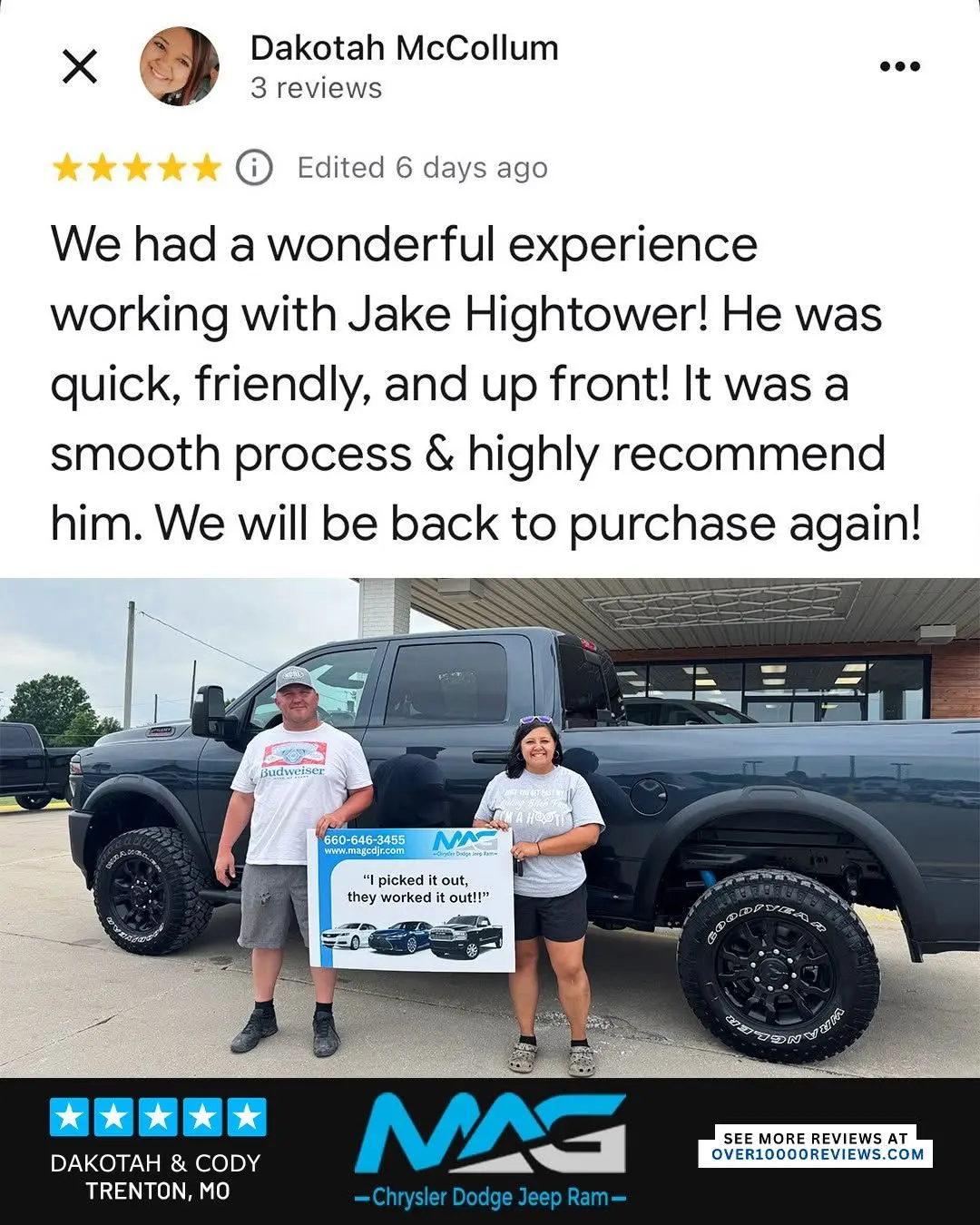 Smiling MAG CDJR customer featured in a testimonial about excellent car buying experience
