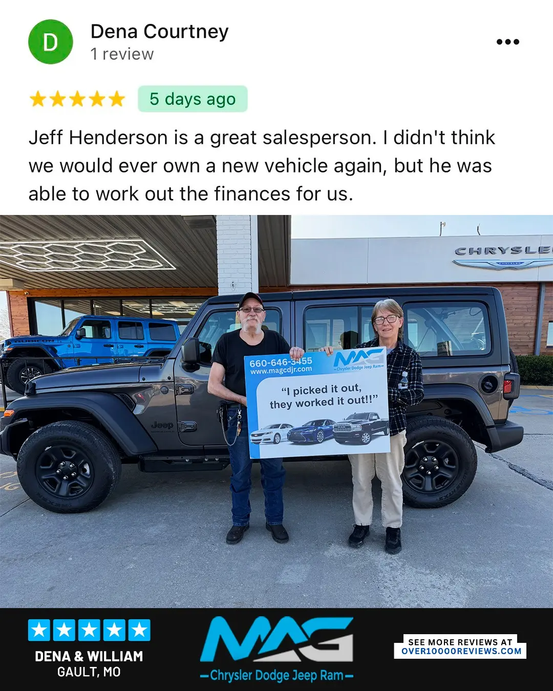 Smiling MAG CDJR customer featured in a testimonial about excellent car buying experience