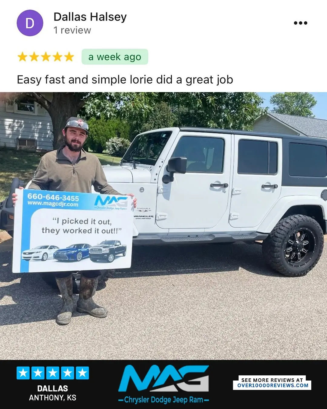 Smiling MAG CDJR customer featured in a testimonial about excellent car buying experience