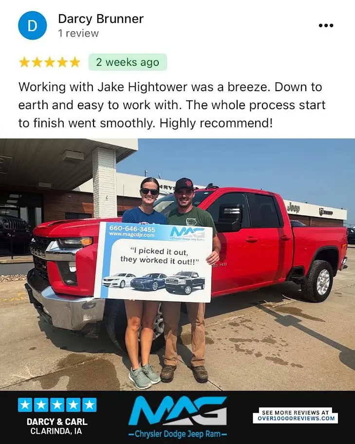 Smiling MAG CDJR customer featured in a testimonial about excellent car buying experience