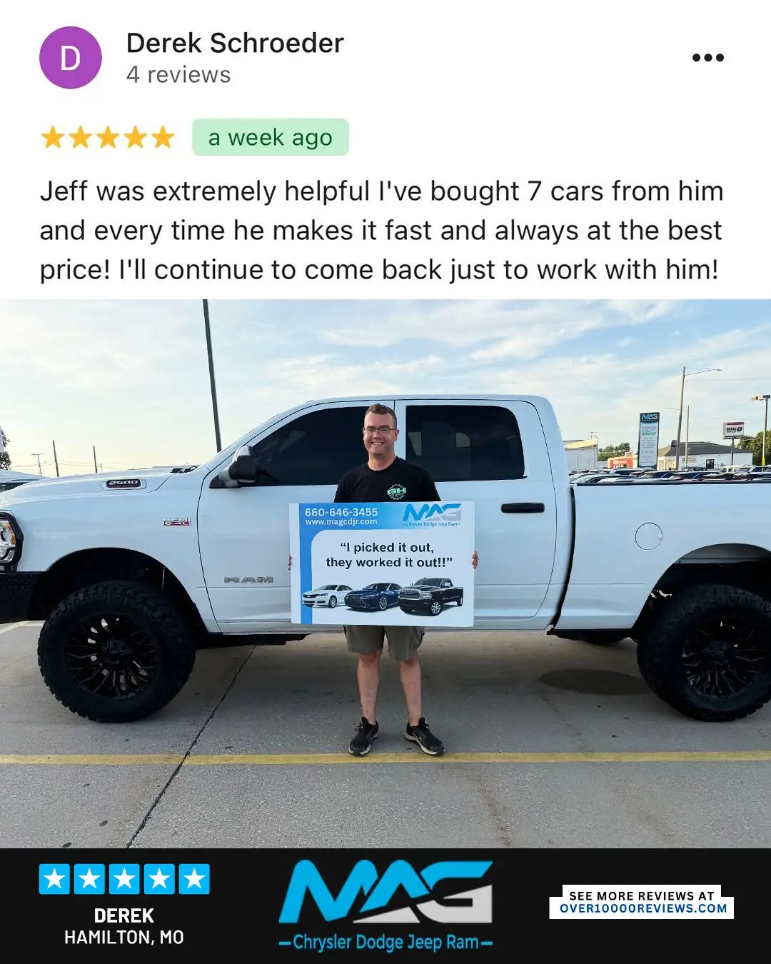 Smiling MAG CDJR customer featured in a testimonial about excellent car buying experience