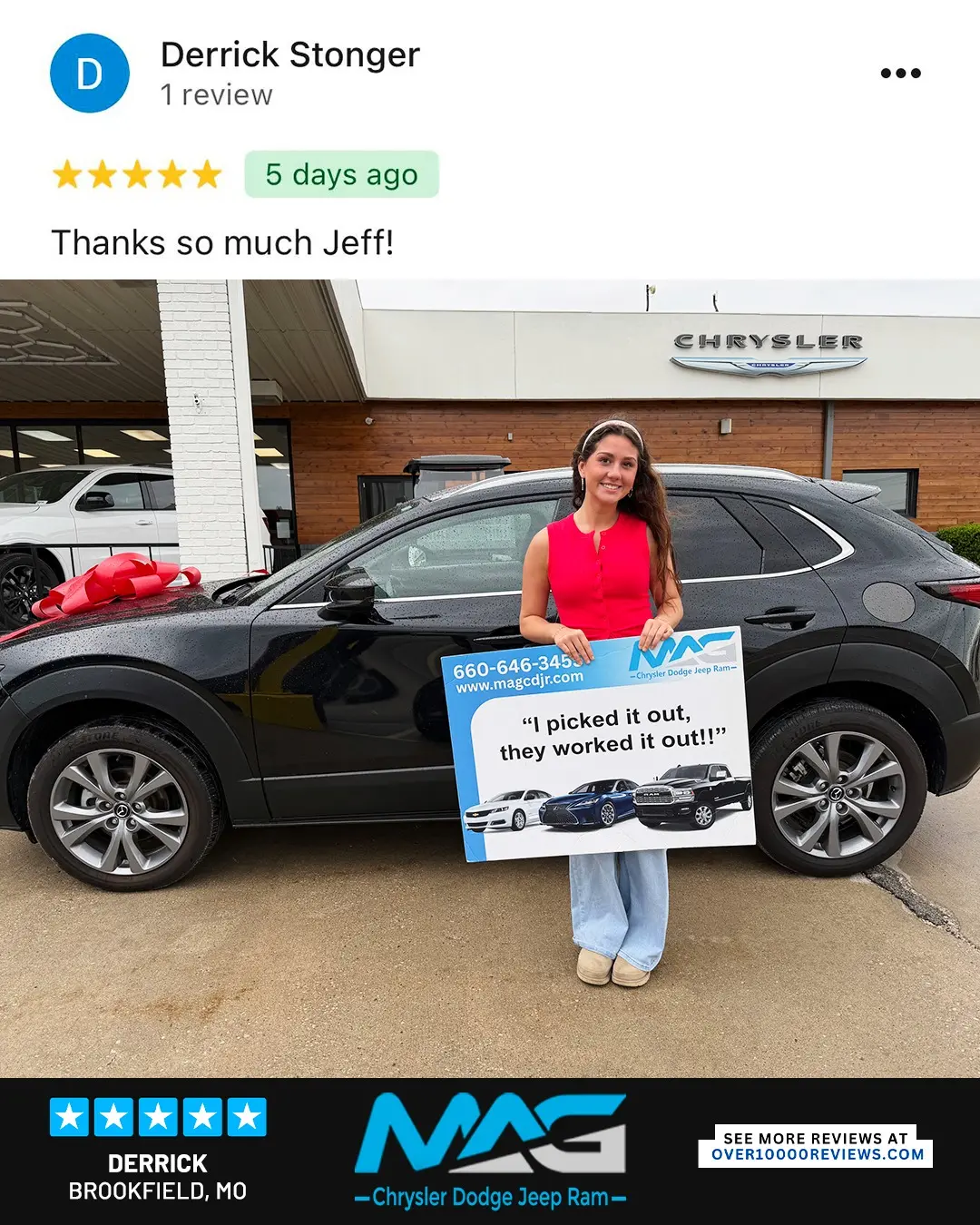 Smiling MAG CDJR customer featured in a testimonial about excellent car buying experience