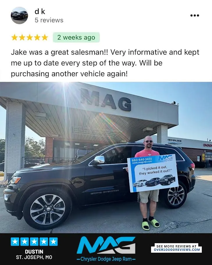 Smiling MAG CDJR customer featured in a testimonial about excellent car buying experience