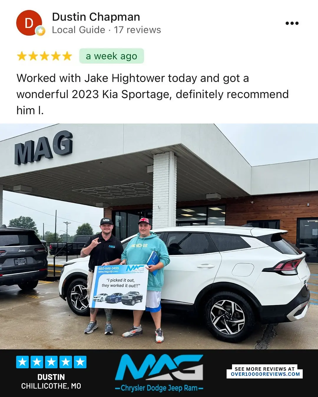 Smiling MAG CDJR customer featured in a testimonial about excellent car buying experience