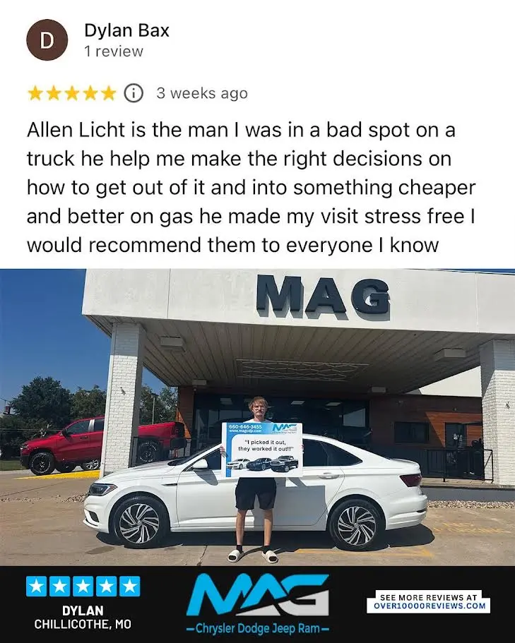 Smiling MAG CDJR customer featured in a testimonial about excellent car buying experience