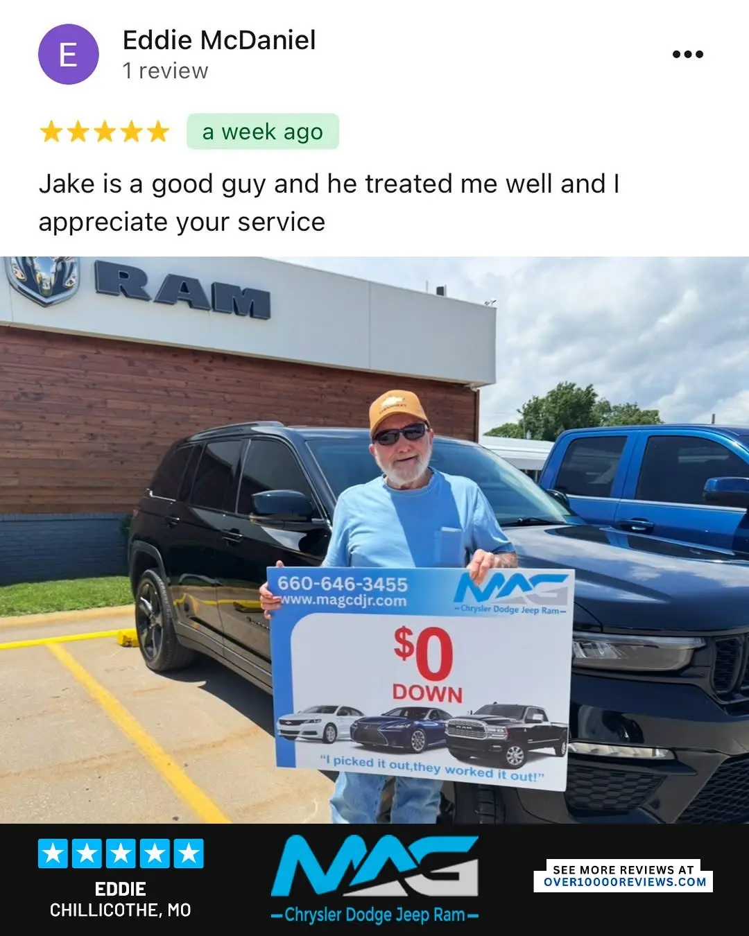 Smiling MAG CDJR customer featured in a testimonial about excellent car buying experience