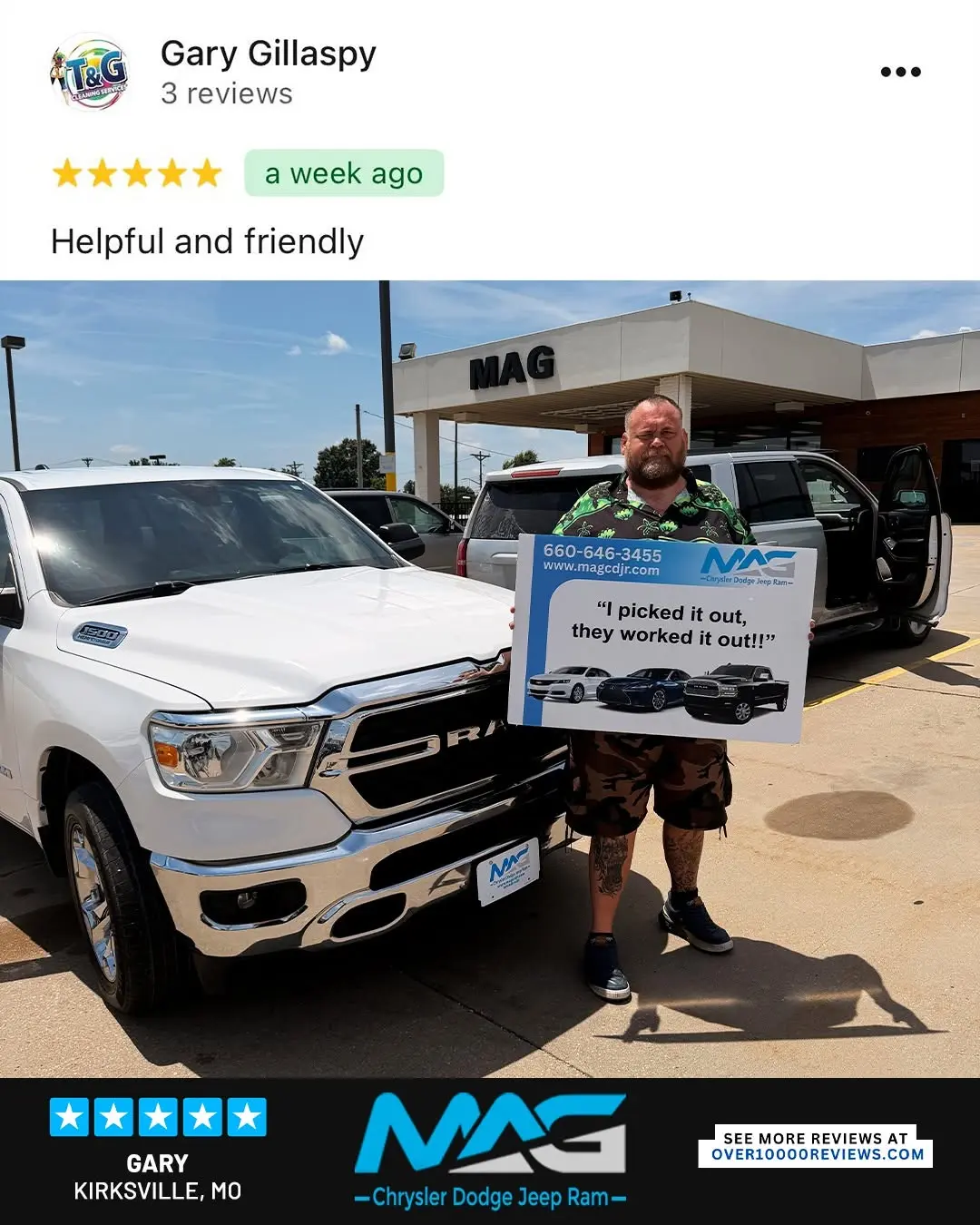 Smiling MAG CDJR customer featured in a testimonial about excellent car buying experience
