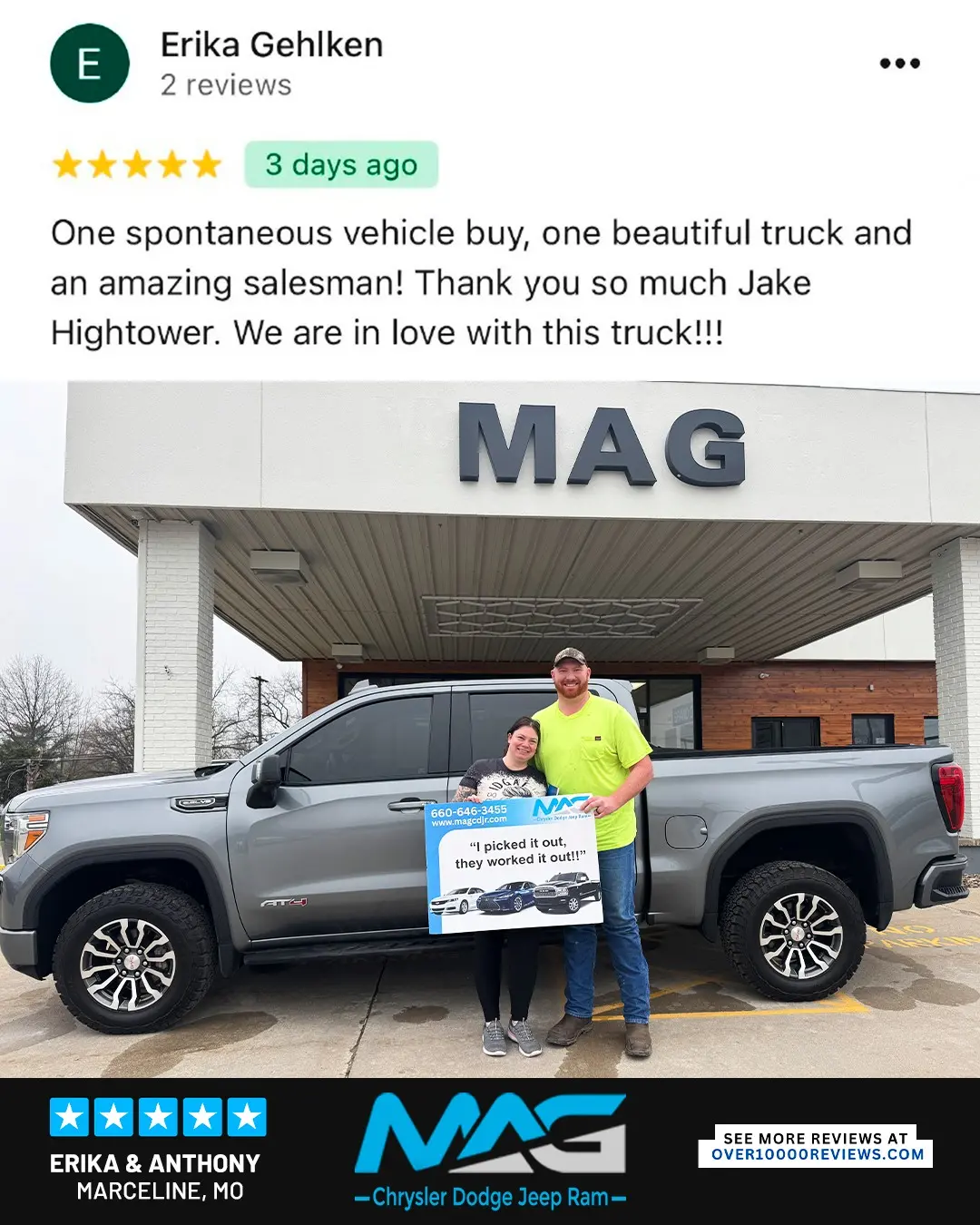 Smiling MAG CDJR customer featured in a testimonial about excellent car buying experience