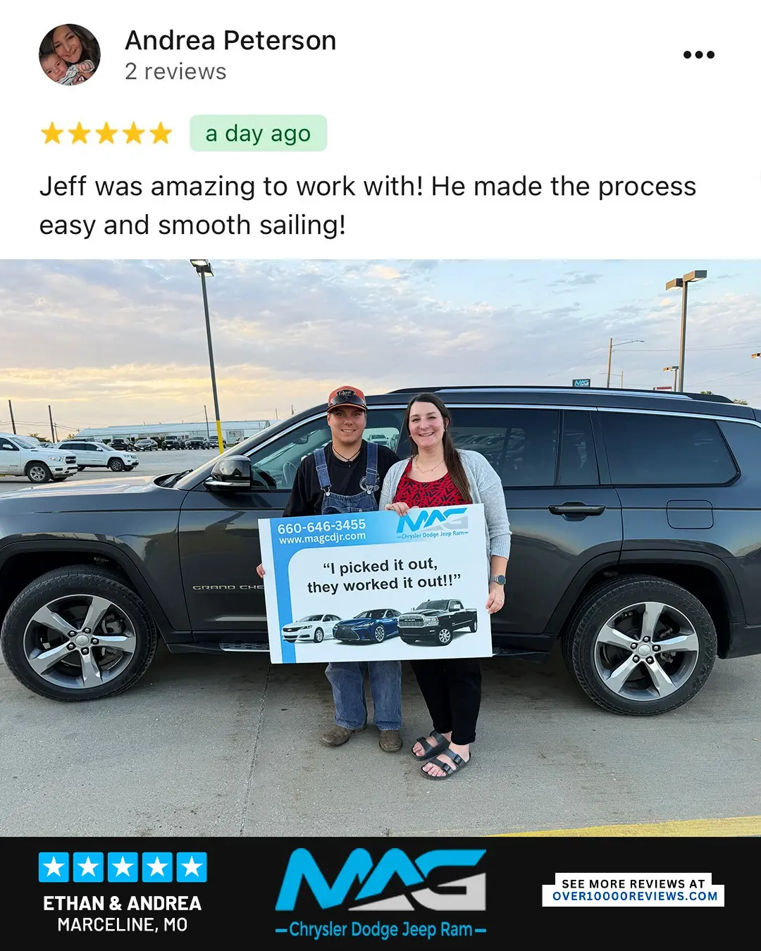 Smiling MAG CDJR customer featured in a testimonial about excellent car buying experience
