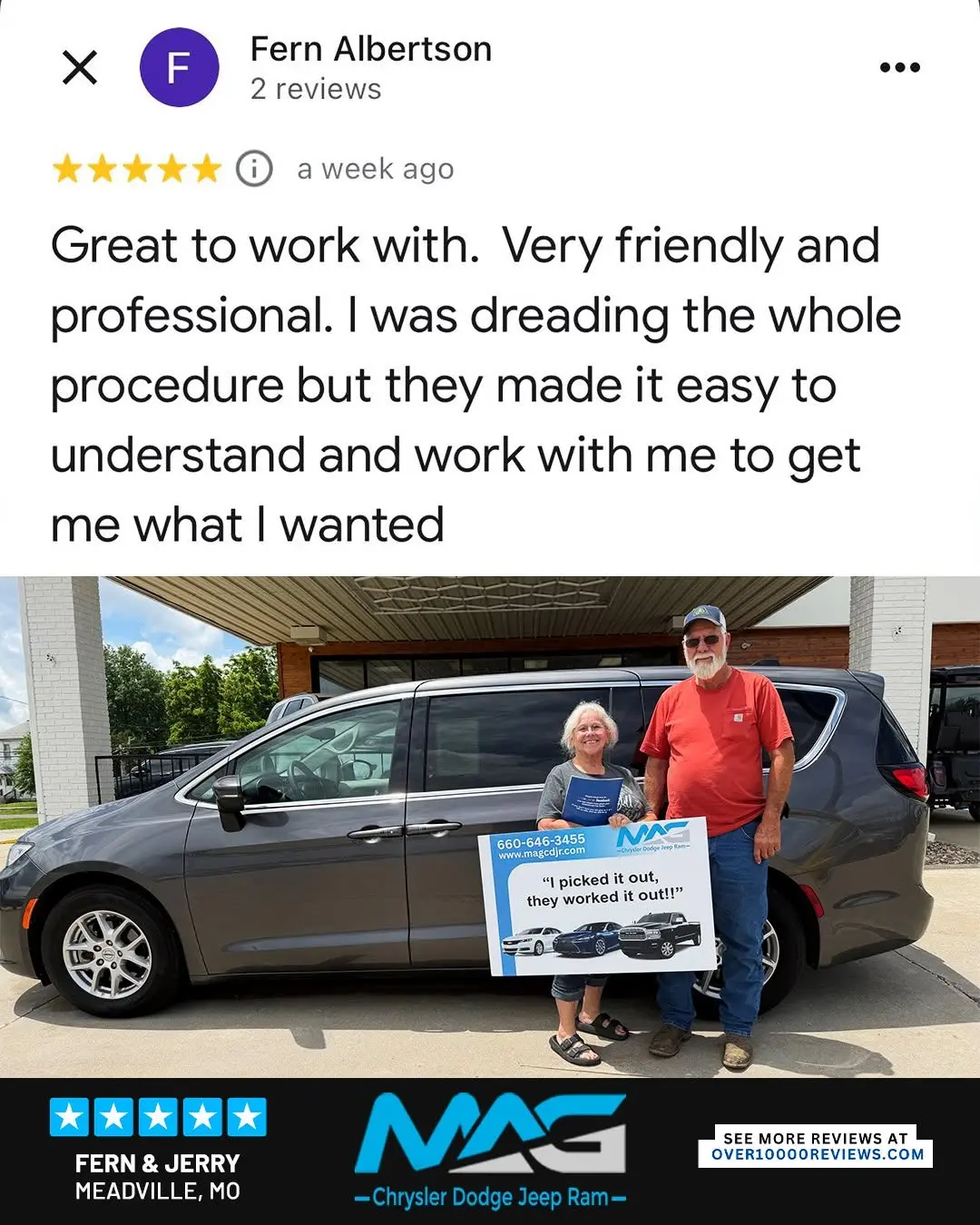 Smiling MAG CDJR customer featured in a testimonial about excellent car buying experience