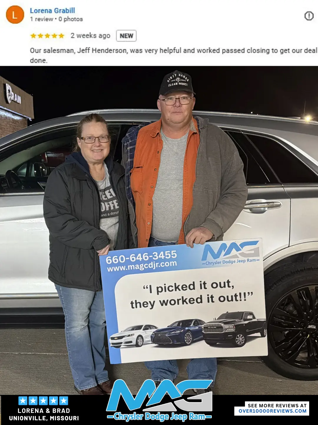 Smiling MAG CDJR customer featured in a testimonial about excellent car buying experience