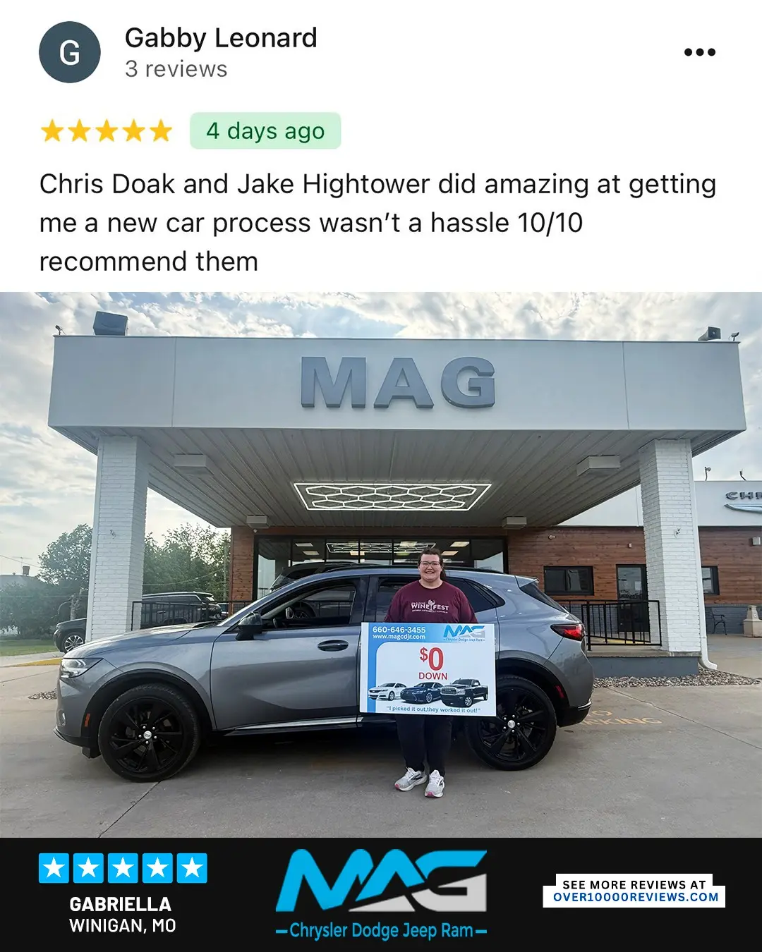 Smiling MAG CDJR customer featured in a testimonial about excellent car buying experience