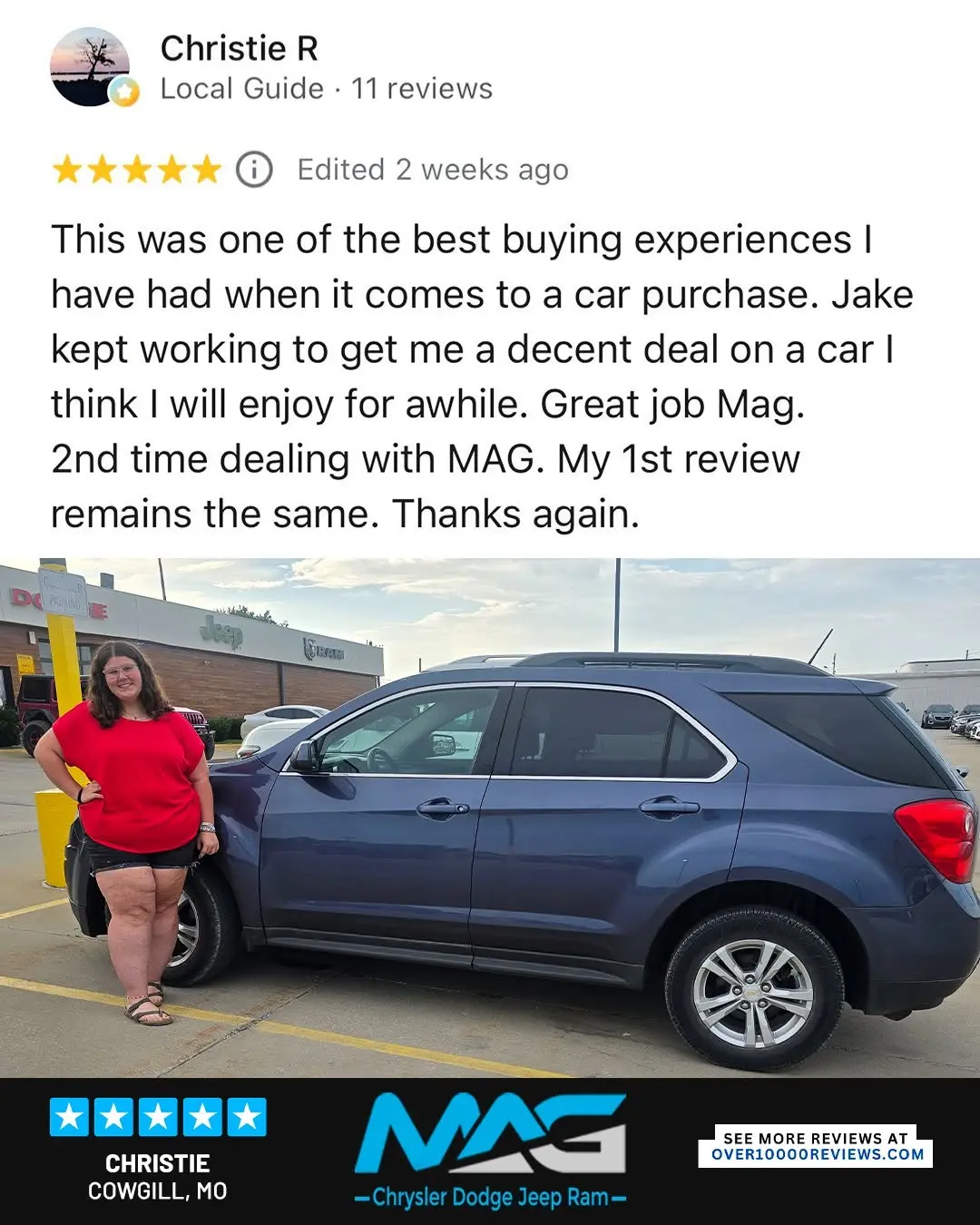 Smiling MAG CDJR customer featured in a testimonial about excellent car buying experience