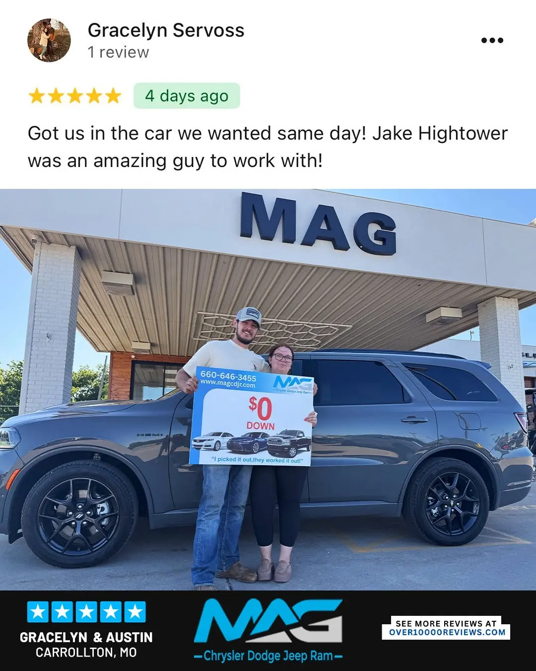 Smiling MAG CDJR customer featured in a testimonial about excellent car buying experience