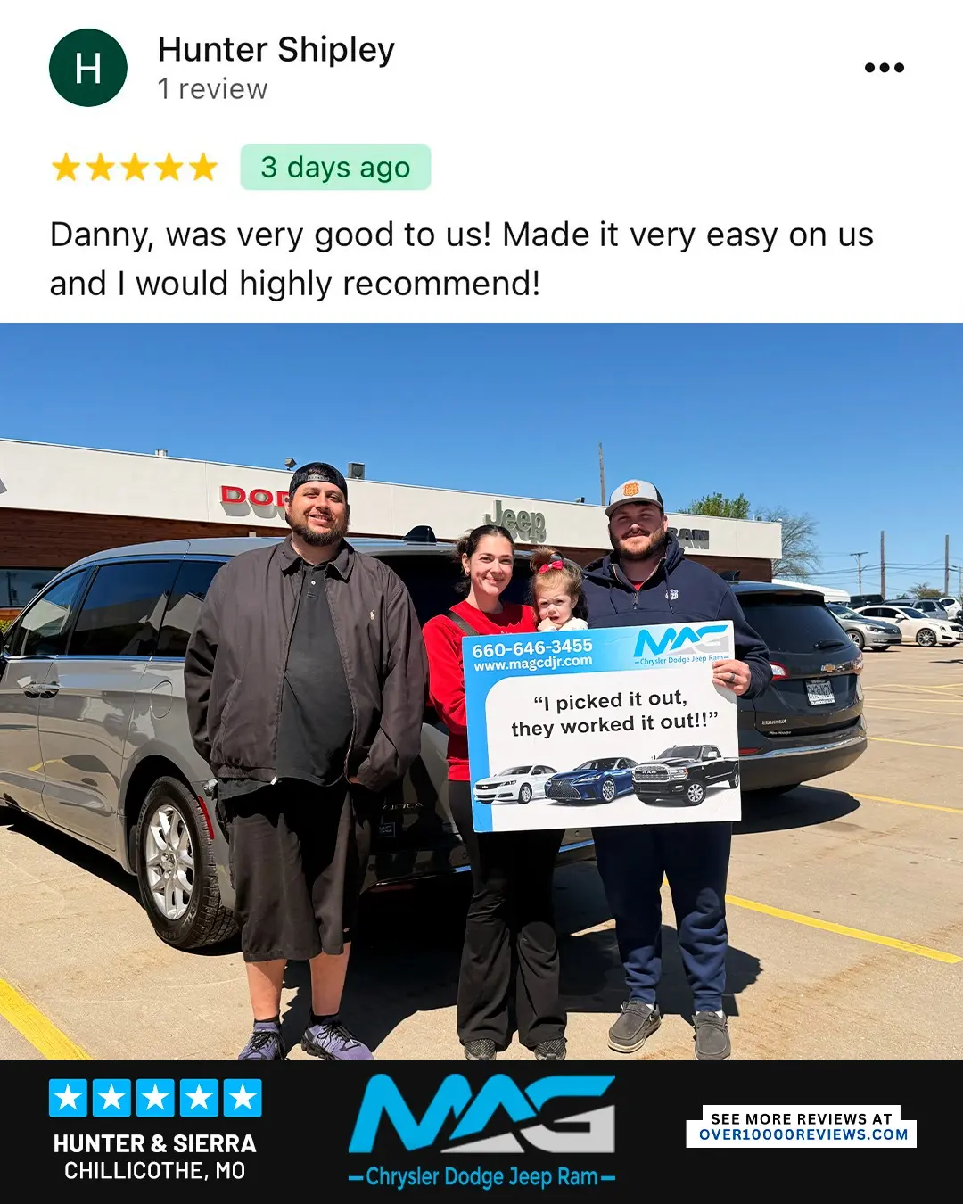 Smiling MAG CDJR customer featured in a testimonial about excellent car buying experience