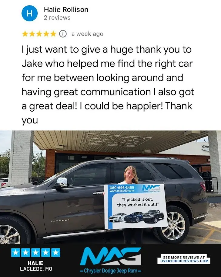 Smiling MAG CDJR customer featured in a testimonial about excellent car buying experience