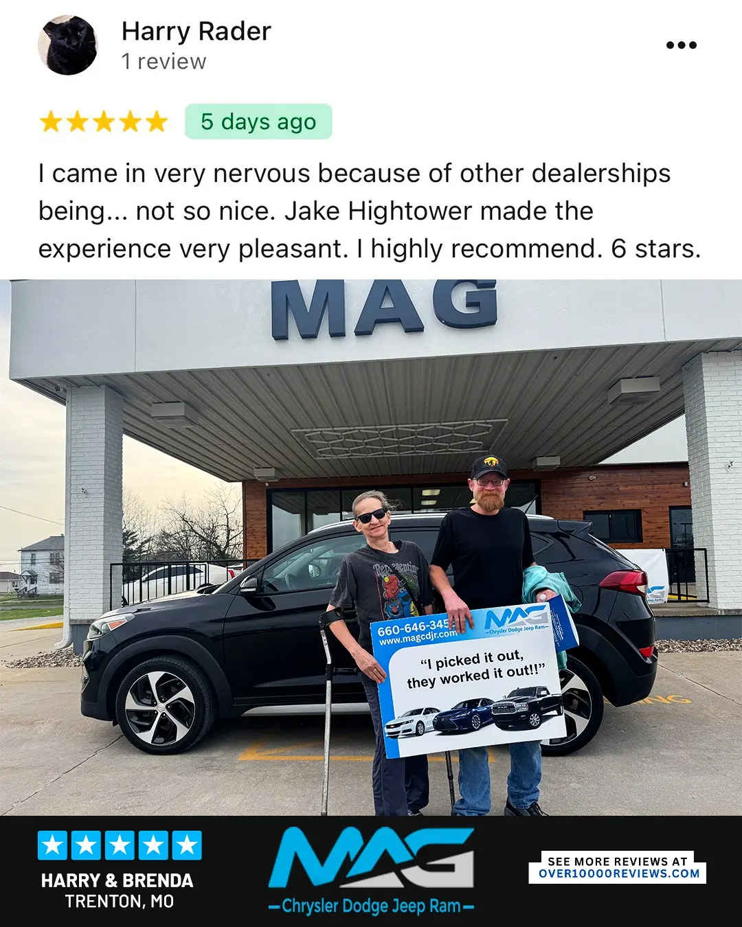 Smiling MAG CDJR customer featured in a testimonial about excellent car buying experience