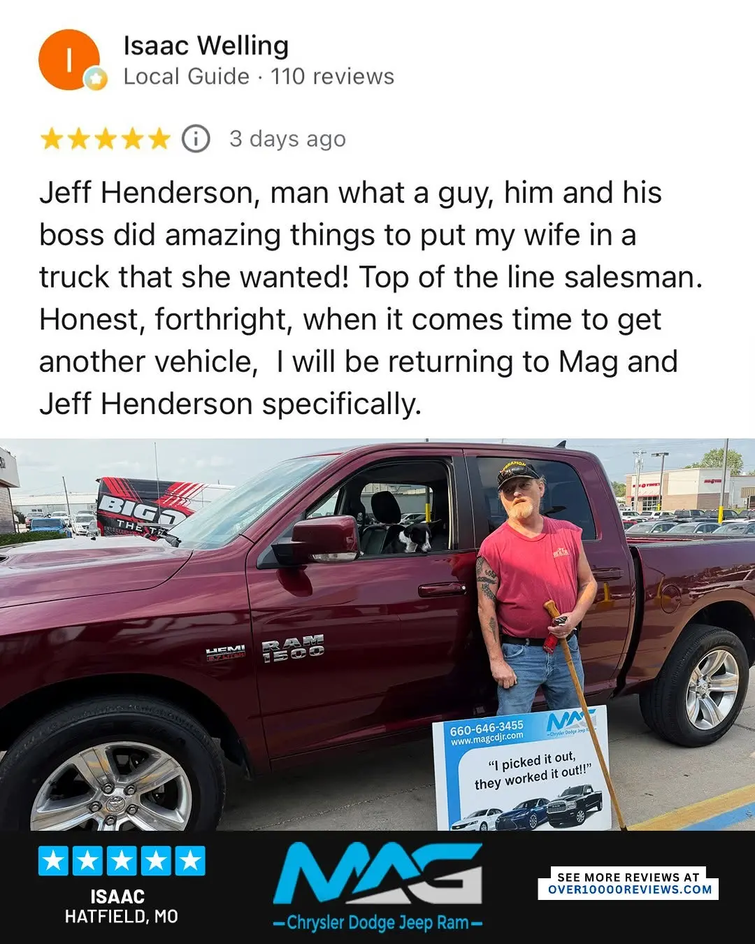 Smiling MAG CDJR customer featured in a testimonial about excellent car buying experience