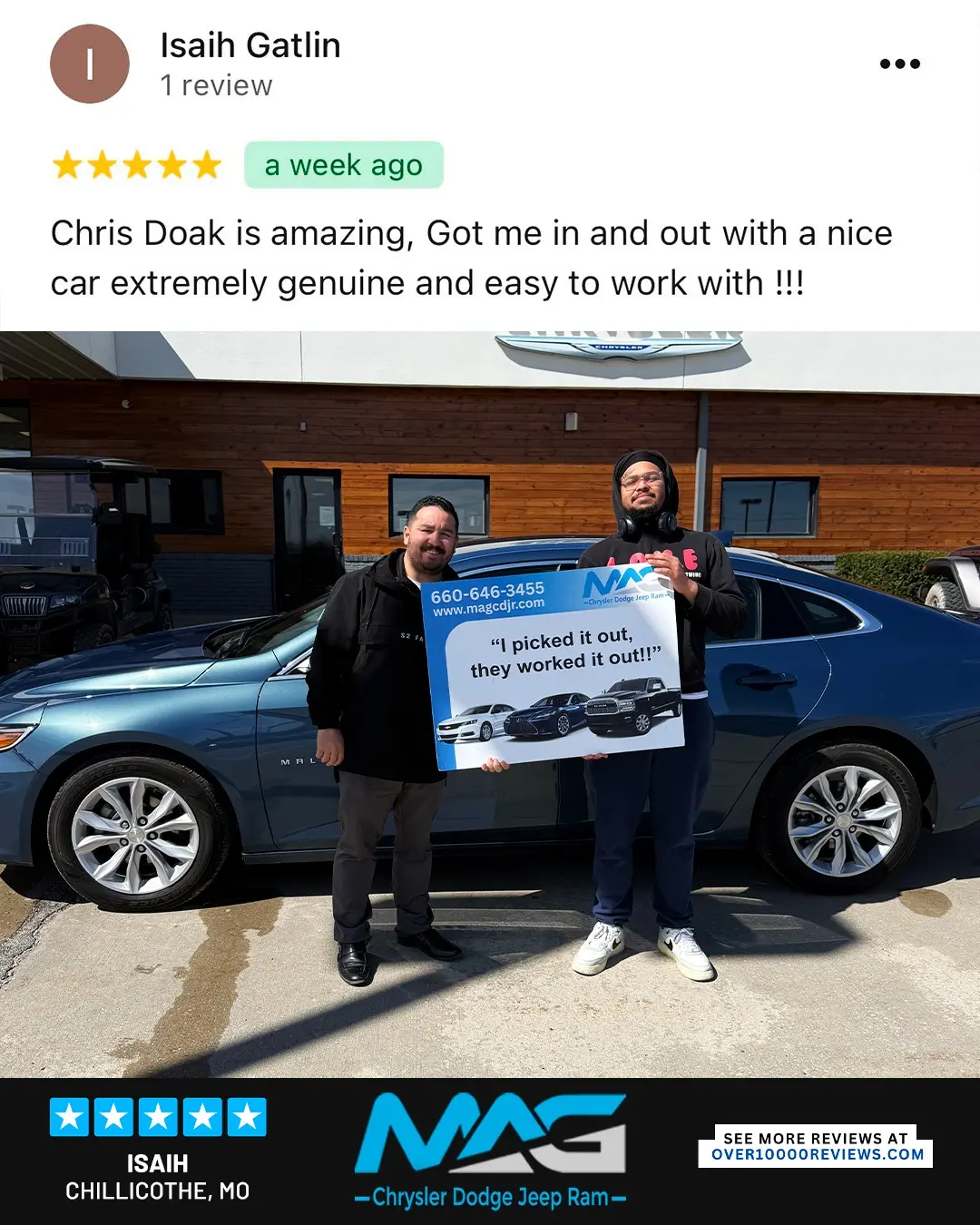 Smiling MAG CDJR customer featured in a testimonial about excellent car buying experience