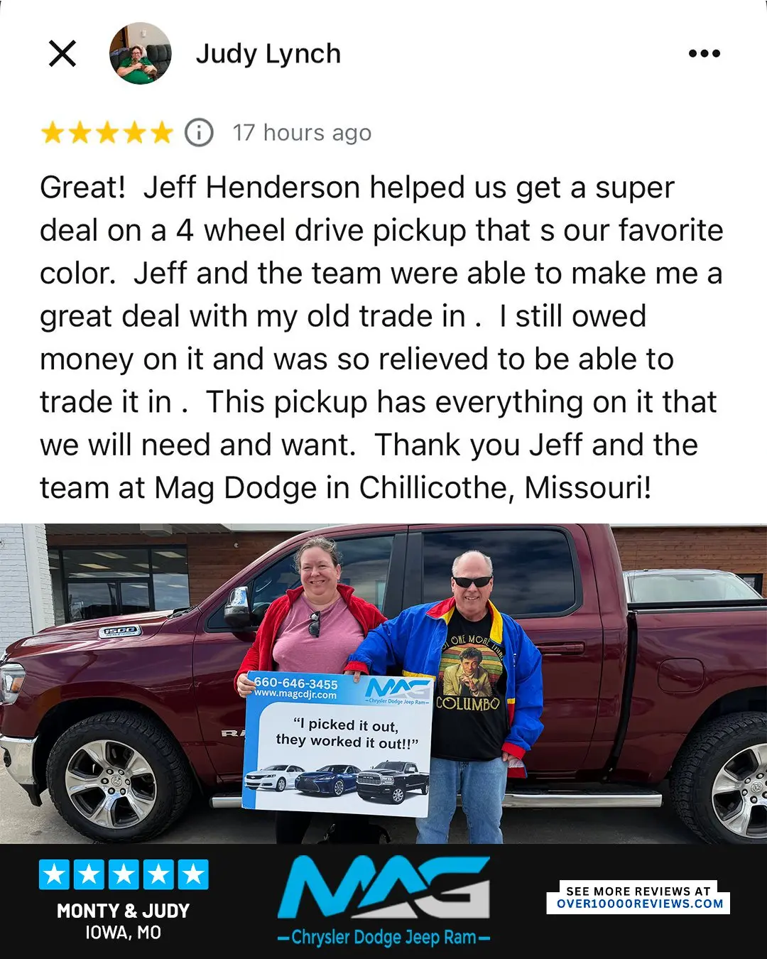 Smiling MAG CDJR customer featured in a testimonial about excellent car buying experience