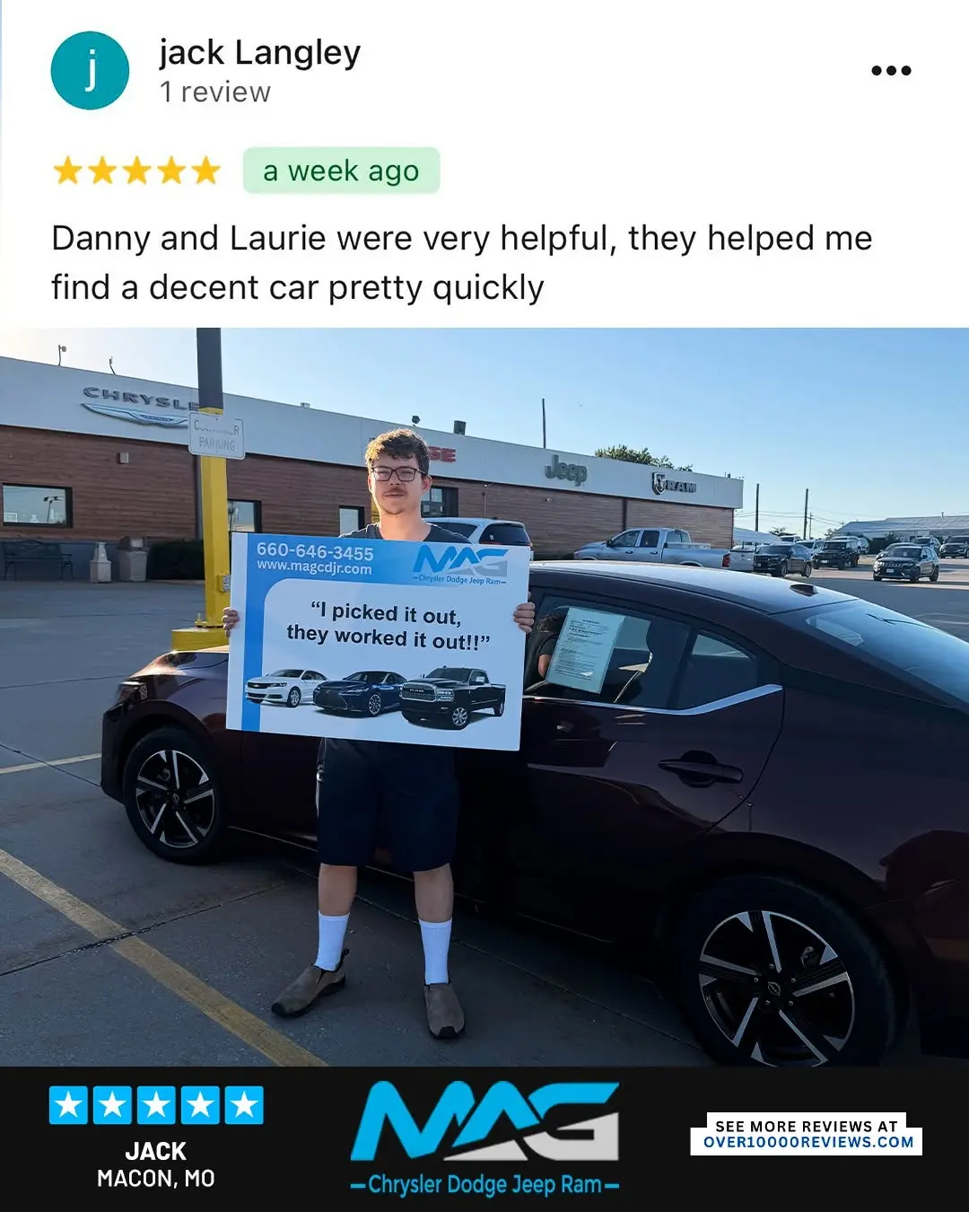 Smiling MAG CDJR customer featured in a testimonial about excellent car buying experience