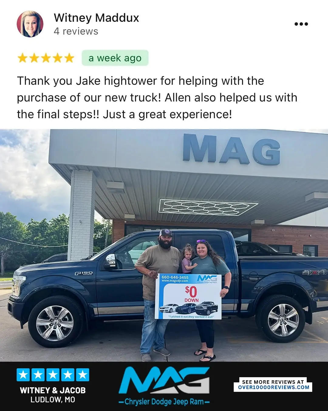 Smiling MAG CDJR customer featured in a testimonial about excellent car buying experience