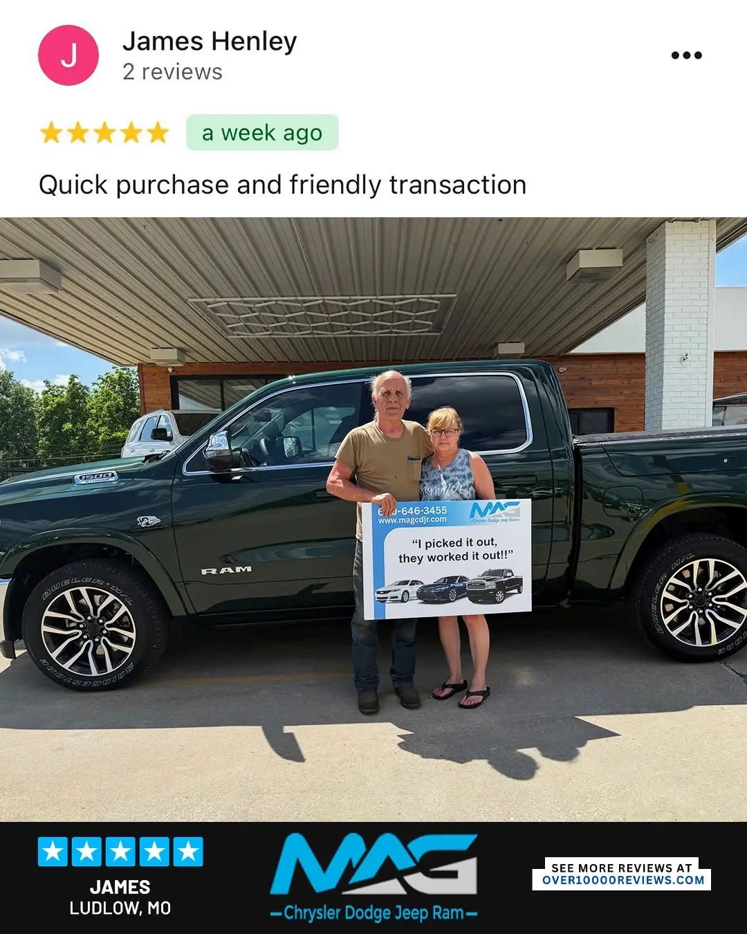 Smiling MAG CDJR customer featured in a testimonial about excellent car buying experience